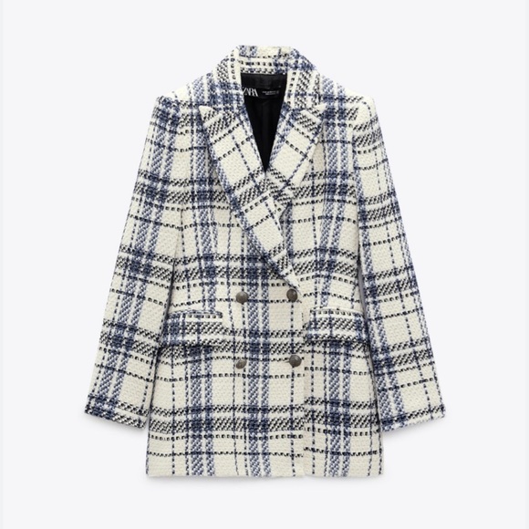 Zara double breasted textured weave jacket blazer in blue - Picture 5 of 10
